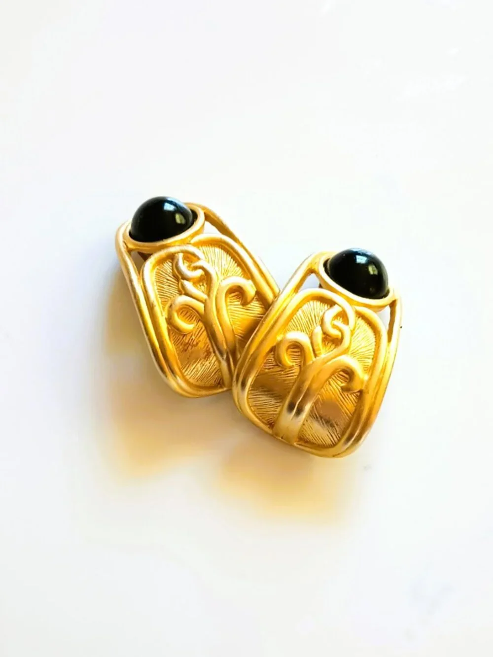 Vintage Gold Tone Etched Earrings Large Black Cabochon Clip Ons